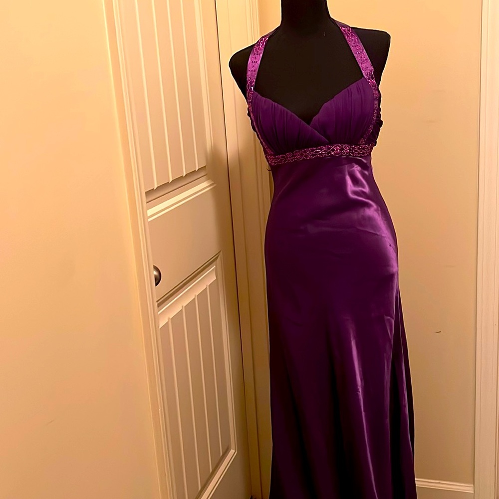 Long purple gown great for wedding or prom